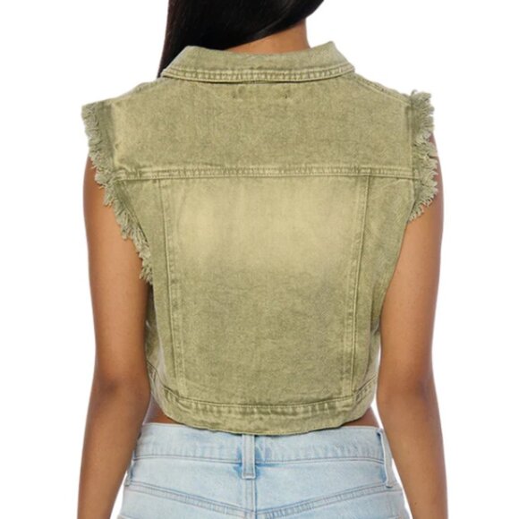 Callie Lives Miz Stone Washed AKIRA Olive Denim Crop Vest S M L XL - Picture 2 of 7
